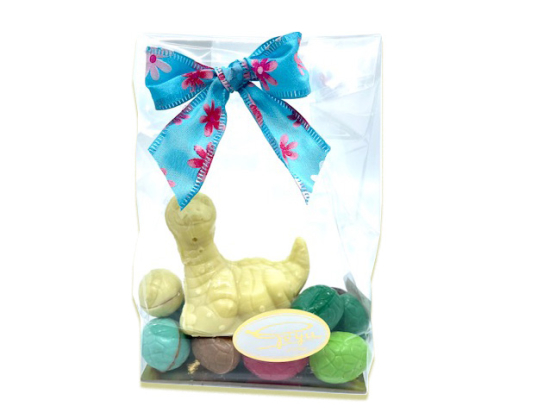 Dinosaurio de Cobertura Blanca y Huevos de Pascua.